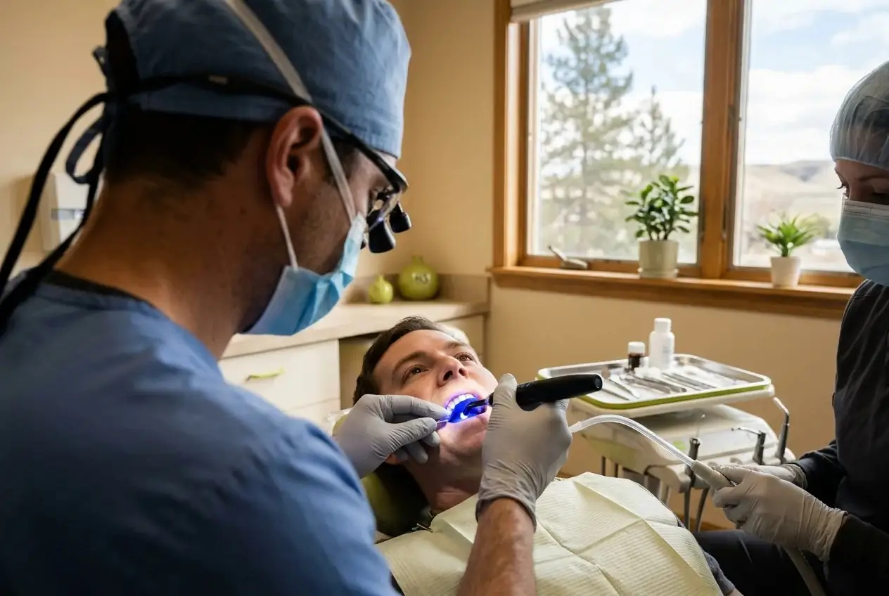 A dentist uses a blue dental curing light on a patient's teeth.