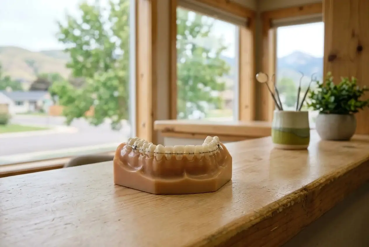 Dental model of lower teeth with clear braces on a wooden counter by a window.
